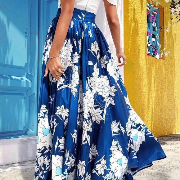 Blue Boho Womens High Waist Floral Print Pleated Skirt - Picture 2 of 5